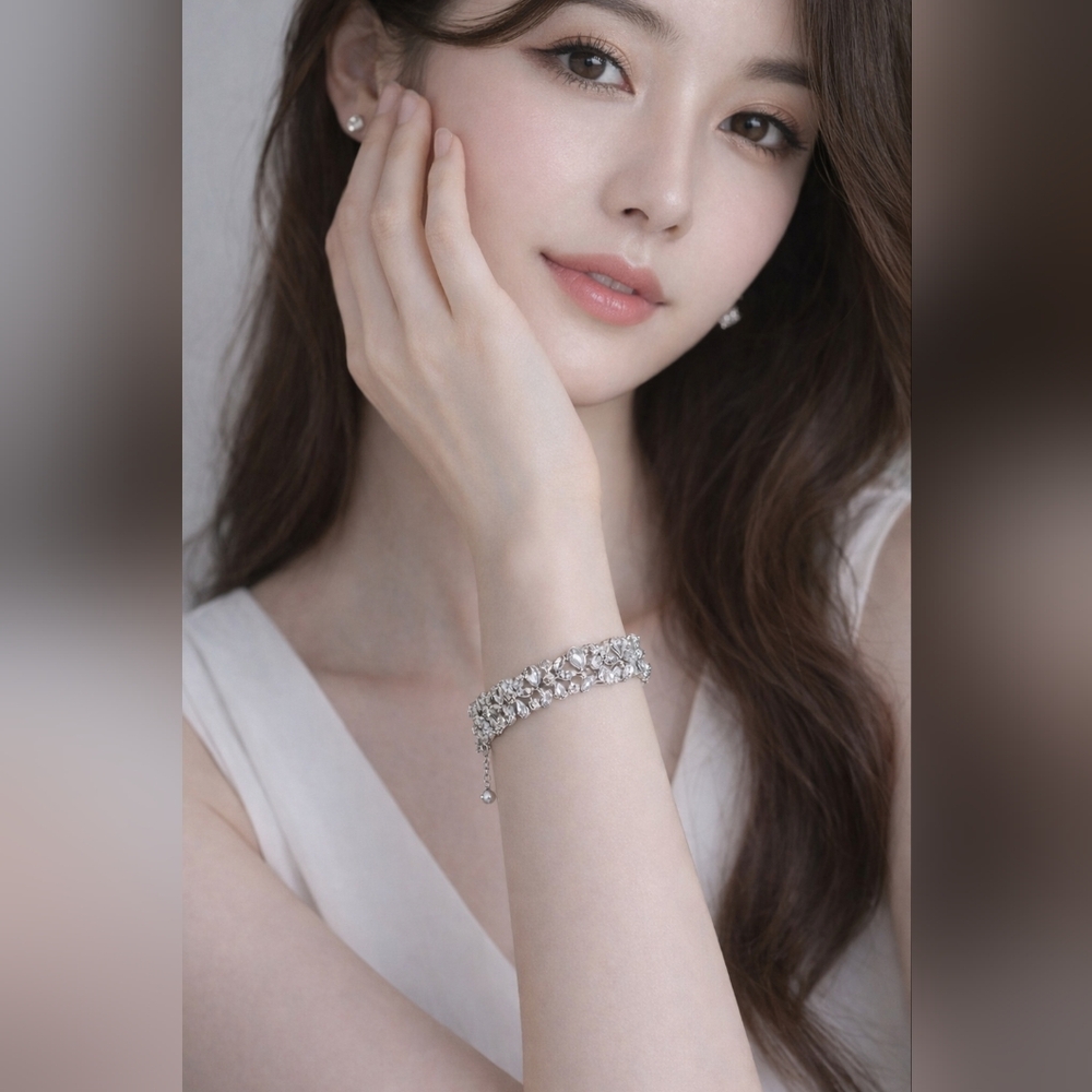 Rhodium Plated Floral Crystal Tennis Bracelet Silver Double Row Sparkle - Picture 3 of 6